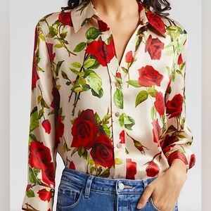 NWT L’Agence Dani Red Rose and Champagne Colored Silk Blouse